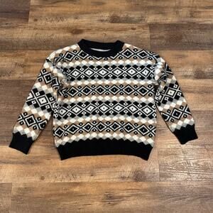 Retro Fair Isle Geometric Sweater Pullover Black Beige White SEE MEASUREMENTS